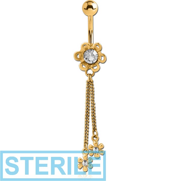 STERILE GOLD PVD COATED SURGICAL STEEL JEWELLED NAVEL BANANA WITH WITH DANGLING FLOWERS