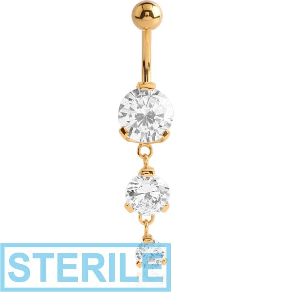 STERILE GOLD PVD COATED SURGICAL STEEL TRIPLE ROUND CZ JEWELLED WITH DANGLING NAVEL BANANA