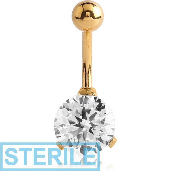 STERILE GOLD PVD COATED SURGICAL STEEL ROUND PRONG SET 10MM CZ JEWELLED NAVEL BANANA