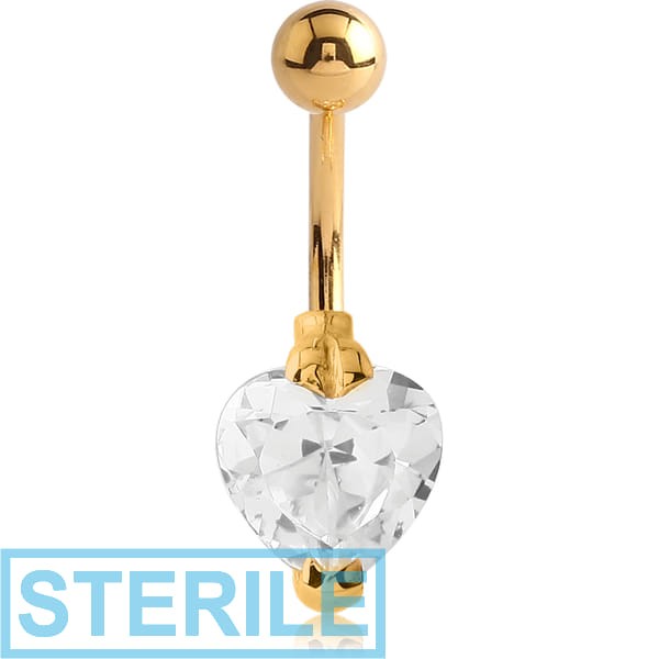 STERILE GOLD PVD COATED SURGICAL STEEL HEART PRONG SET 10MM CZ JEWELLED NAVEL BANANA
