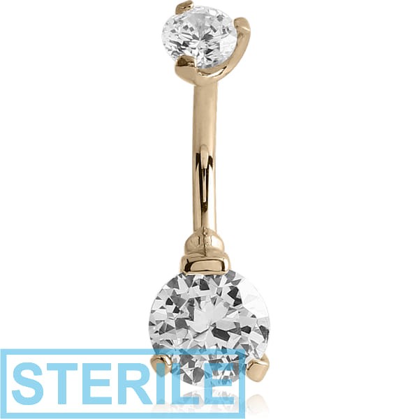 STERILE GOLD PVD COATED SURGICAL STEEL INTERNALLY THREADED ROUND PRONG SET DOUBLE JEWELLED NAVEL BANANA