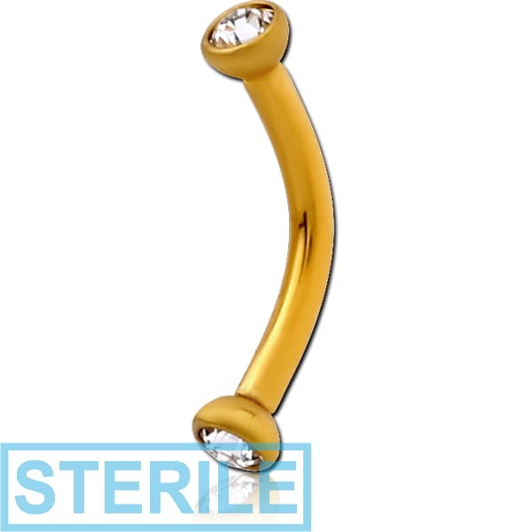 STERILE GOLD PVD COATED SURGICAL STEEL INTERNALLY THREADED DOUBLE JEWELLED CURVED MICRO BARBELL