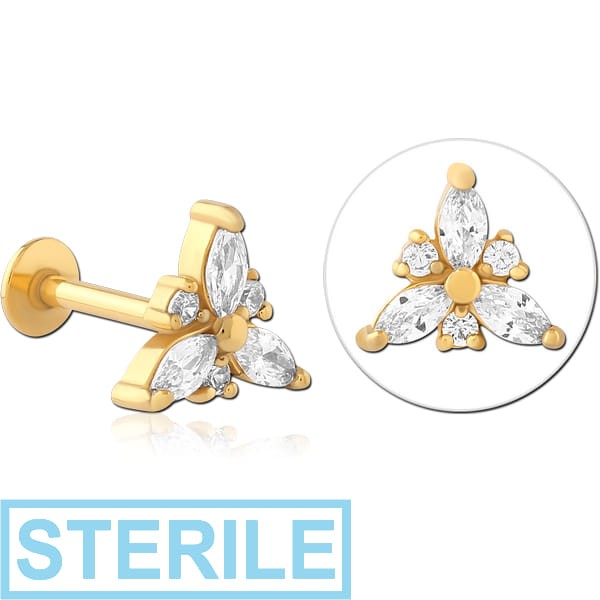 STERILE GOLD PVD COATED SURGICAL STEEL INTERNALLY THREADED JEWELLED MICRO LABRET - TRINITY