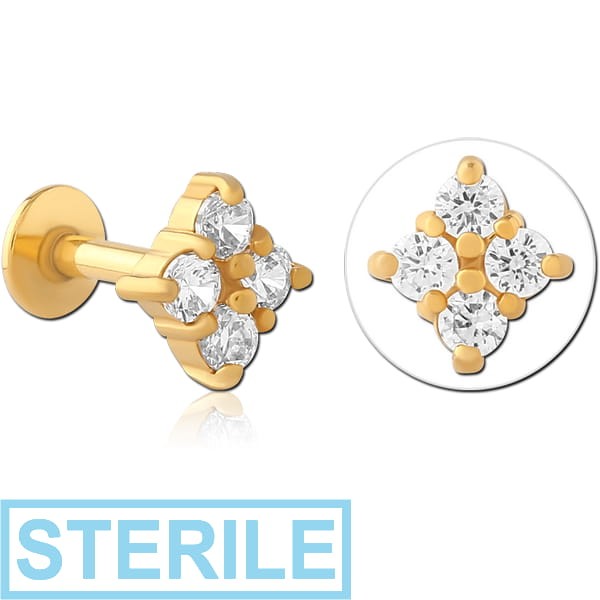 STERILE GOLD PVD COATED SURGICAL STEEL INTERNALLY THREADED JEWELLED MICRO LABRET