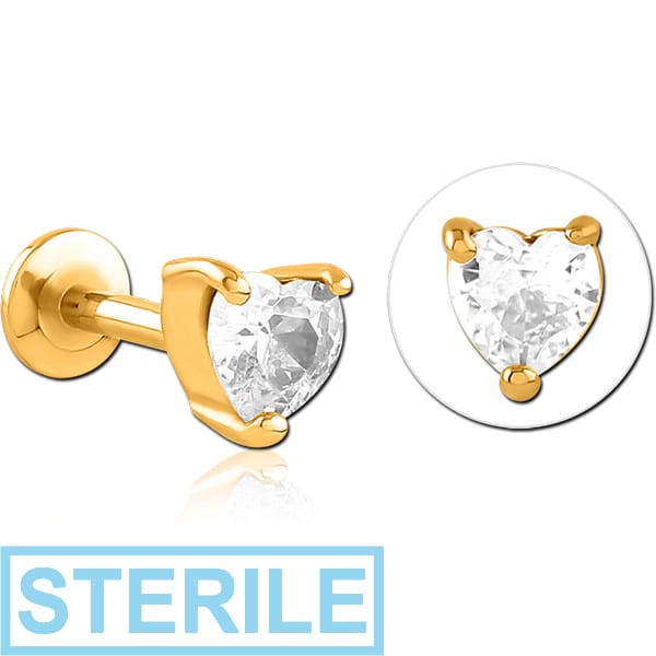 STERILE GOLD PVD COATED SURGICAL STEEL INTERNALLY THREADED JEWELLED MICRO LABRET - HEART