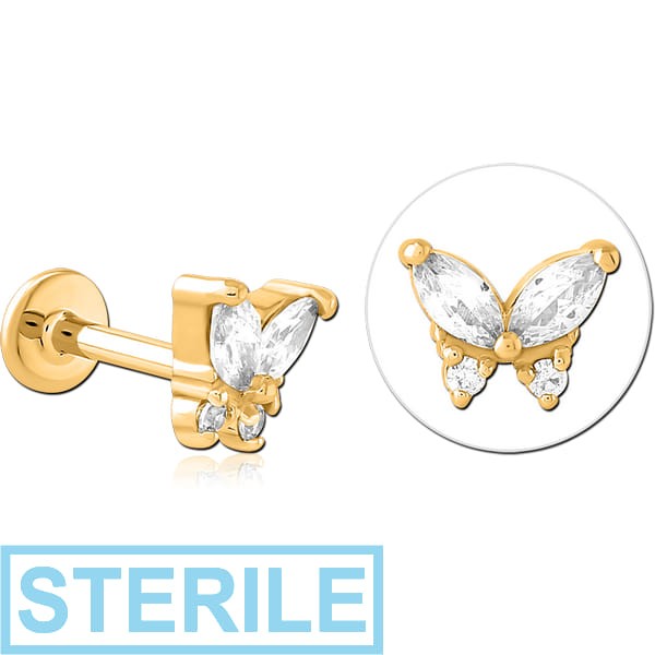 STERILE GOLD PVD COATED SURGICAL STEEL INTERNALLY THREADED JEWELLED MICRO LABRET