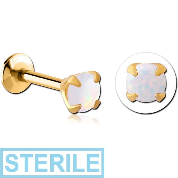 STERILE GOLD PVD COATED SURGICAL STEEL INTERNALLY THREADED MICRO LABRET WITH PRONG SET ROUND SYNTHETIC OPAL ATTACHMENT