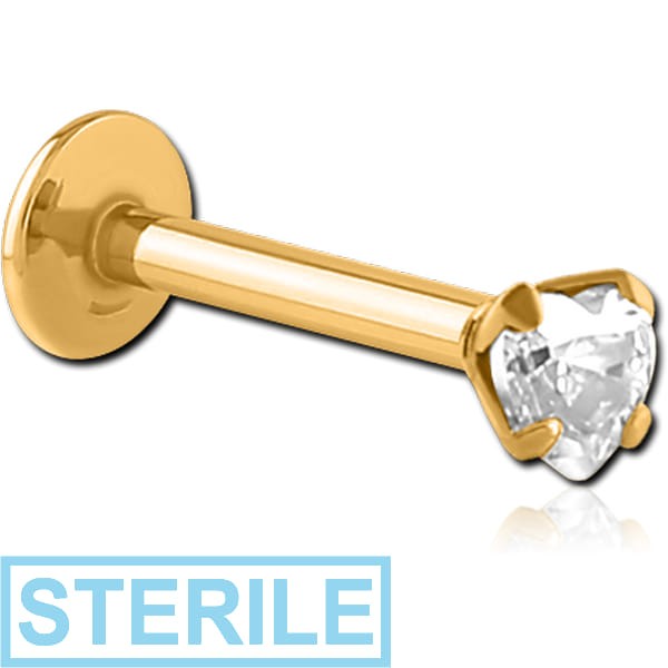STERILE GOLD PVD COATED SURGICAL STEEL INTERNALLY THREADED HEART PRONG SET JEWELLED MICRO LABRET