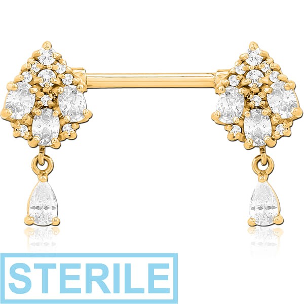STERILE GOLD PVD COATED SURGICAL STEEL NIPPLE PIERCING INTERNAL THREADED BAR WITH MOVING CHARM FINE JEWELLED