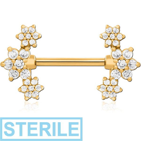 STERILE GOLD PVD COATED SURGICAL STEEL NIPPLE PIERCING INTERNAL THREADED BAR WITH MOVING CHARM FINE JEWELLED
