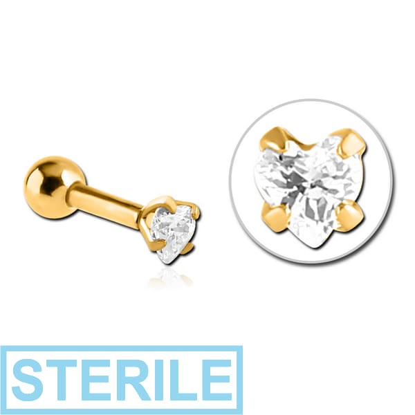 STERILE GOLD PVD COATED SURGICAL STEEL HEART PRONG SET JEWELLED TRAGUS MICRO BARBELL