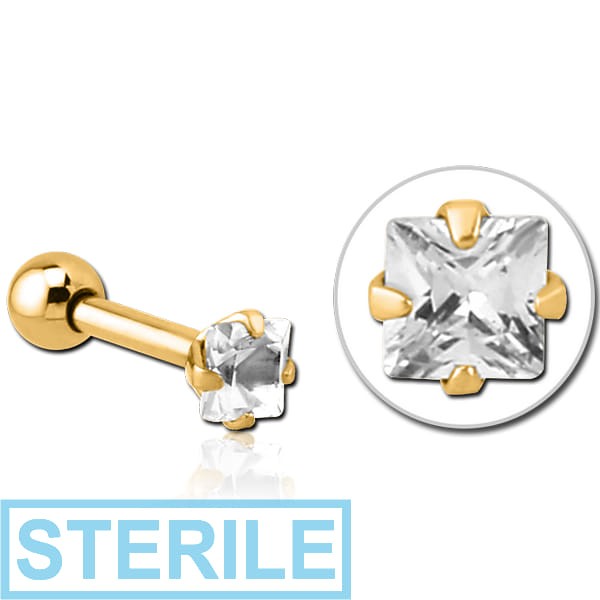 STERILE GOLD PVD COATED SURGICAL STEEL SQUARE PRONG SET JEWELLED TRAGUS MICRO BARBELL