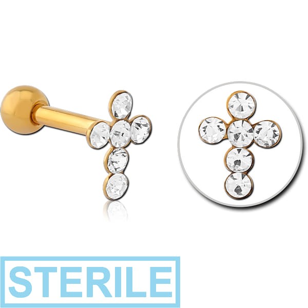 STERILE GOLD PVD COATED SURGICAL STEEL JEWELLED CROSS TRAGUS MICRO BARBELL