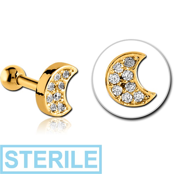 STERILE GOLD PVD COATED SURGICAL STEEL JEWELLED TRAGUS MICRO BARBELL - CRESCENT