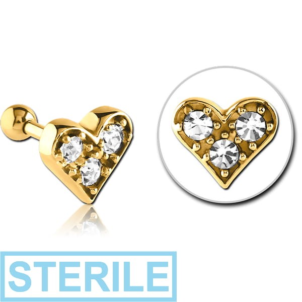 STERILE GOLD PVD COATED SURGICAL STEEL JEWELLED TRAGUS MICRO BARBELL - HEART