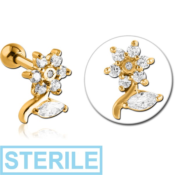 STERILE GOLD PVD COATED SURGICAL STEEL JEWELLED TRAGUS MICRO BARBELL - FLOWER