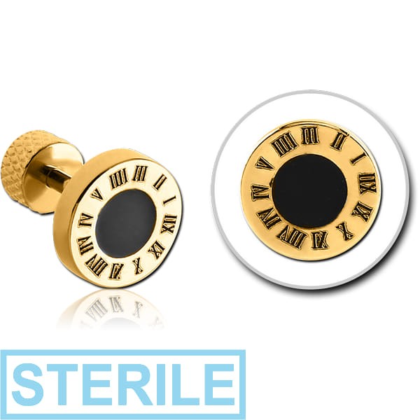 STERILE GOLD PVD COATED SURGICAL STEEL TRAGUS BARBELL - ROMAN CLOCK