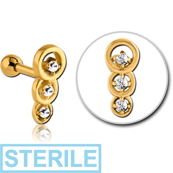 STERILE GOLD PVD COATED SURGICAL STEEL JEWELLED TRAGUS MICRO BARBELL - THREE CIRCLES