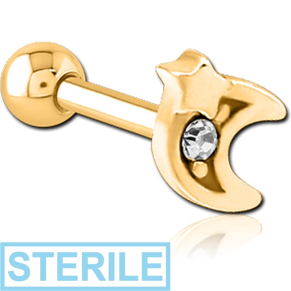 STERILE GOLD PVD COATED SURGICAL STEEL JEWELLED TRAGUS MICRO BARBELL - CRESCENT AND STAR