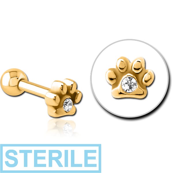STERILE GOLD PVD COATED SURGICAL STEEL JEWELLED TRAGUS MICRO BARBELL - ANIMAL PAW CENTER GEM