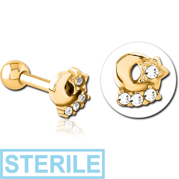 STERILE GOLD PVD COATED SURGICAL STEEL JEWELLED TRAGUS MICRO BARBELL - MOON AND STARS