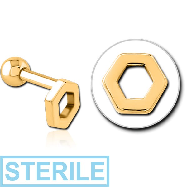 STERILE GOLD PVD COATED SURGICAL STEEL TRAGUS MICRO BARBELL - HEXAGON