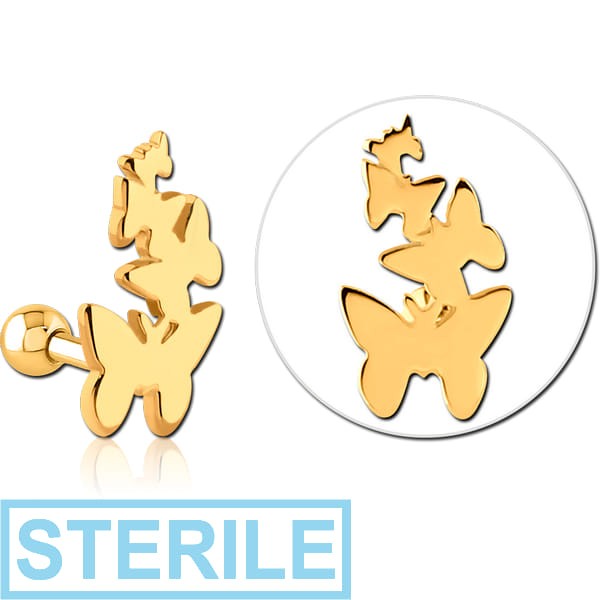 STERILE GOLD PVD COATED SURGICAL STEEL TRAGUS MICRO BARBELL - BUTTERFLIES