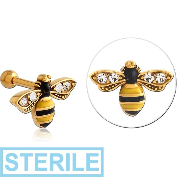 STERILE GOLD PVD COATED SURGICAL STEEL JEWELLED TRAGUS MICRO BARBELL - BEE