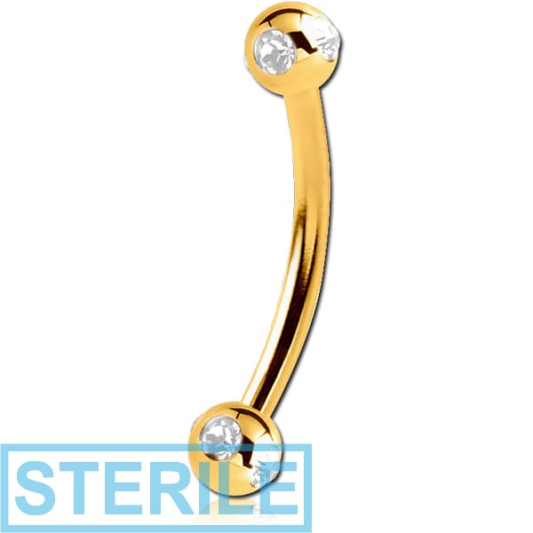 STERILE GOLD PVD COATED SURGICAL STEEL CURVED MICRO BARBELL WITH SATELLITE JEWELLED BALLS