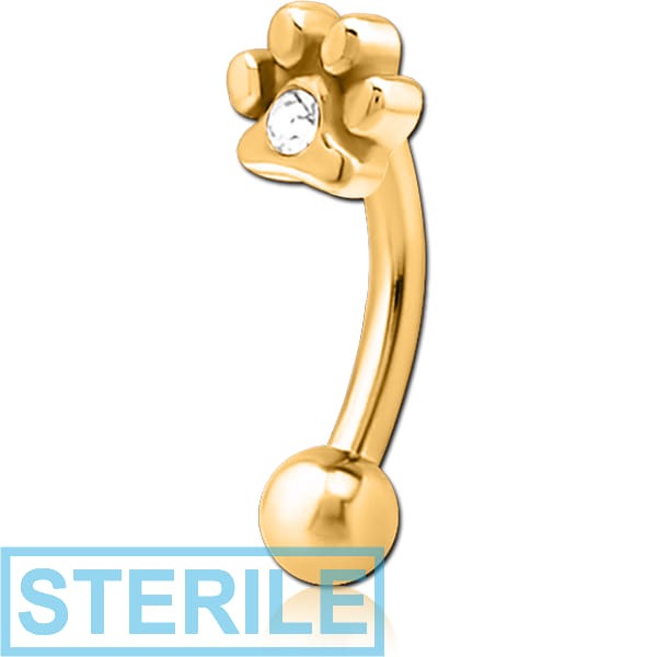 STERILE GOLD PVD COATED SURGICAL STEEL JEWELLED FANCY CURVED MICRO BARBELL - ANIMAL PAW CENTER GEM