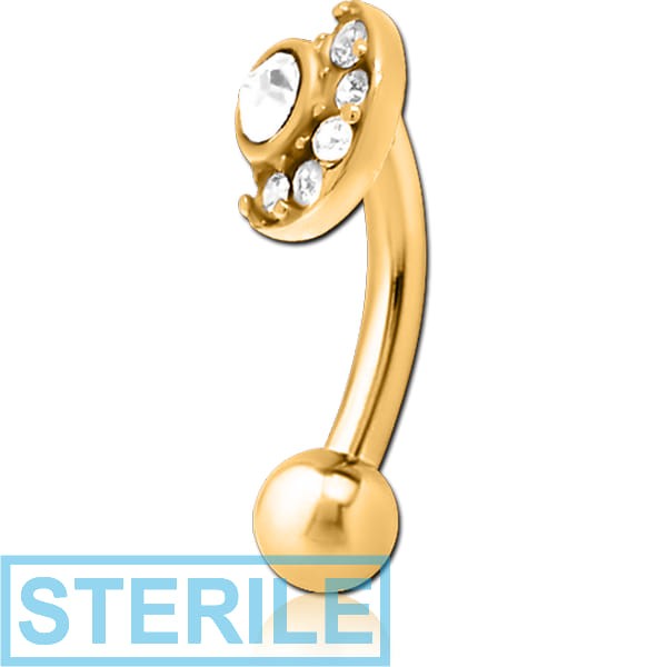 STERILE GOLD PVD COATED SURGICAL STEEL JEWELLED FANCY CURVED MICRO BARBELL - MOON AND STARS