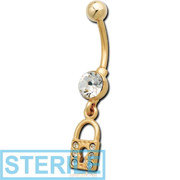 STERILE GOLD PVD COATED WHITE METAL JEWELLED NAVEL BANANA WITH DANGLING LOCK