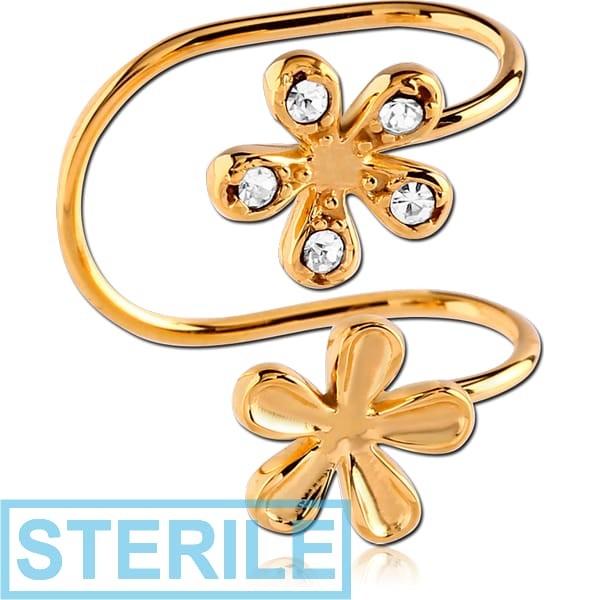 STERILE GOLD PVD COATED SURGICAL STEEL JEWELLED EAR CUFF - JEWELLED AND PLAIN FLOWERS