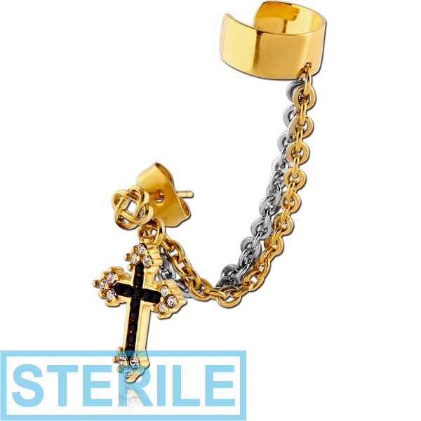 STERILE GOLD PVD COATED SURGICAL STEEL EAR CUFF WITH CHAIN AND EAR STUD TWO TONE - CROSS