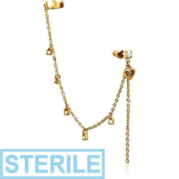 STERILE GOLD PVD COATED SURGICAL STEEL JEWELLED EAR CUFF - HEART AND LOCK