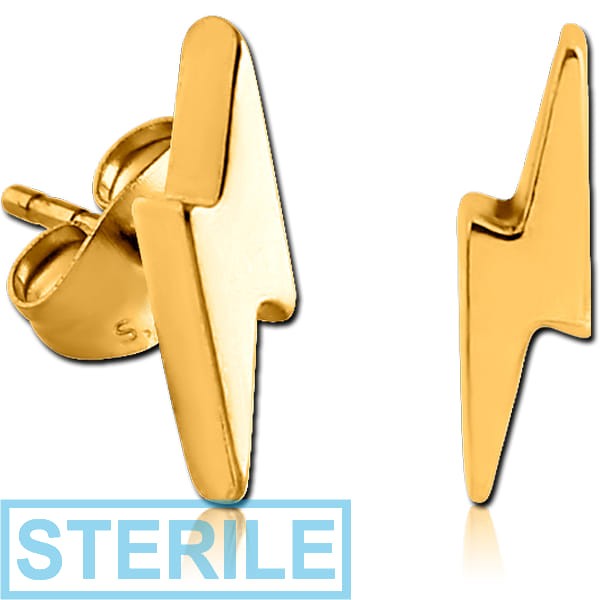 STERILE GOLD PVD COATED SURGICAL STEEL EAR STUDS PAIR - LIGHTNING