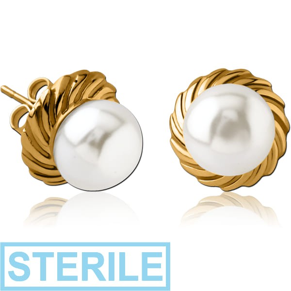STERILE GOLD PVD COATED SURGICAL STEEL EAR STUDS PAIR WITH SYNTATIC PEARL - FILIGREE