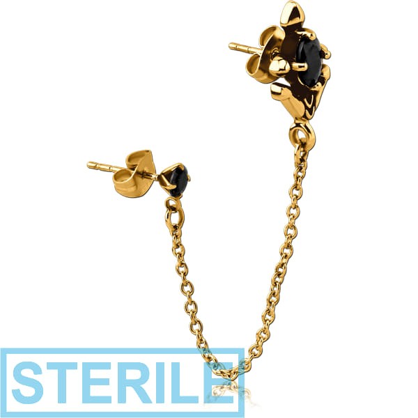 STERILE GOLD PVD COATED SURGICAL STEEL JEWELLED EAR STUDS WITH CONNECTING CHAIN - ANCHOR CROSS