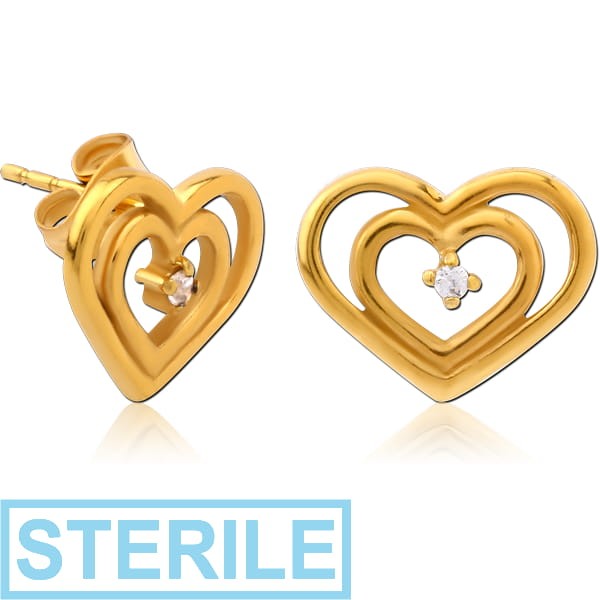 STERILE GOLD PVD COATED SURGICAL STEEL JEWELLED EAR STUDS PAIR - HEART