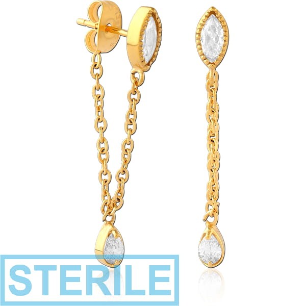 STERILE GOLD PVD COATED SURGICAL STEEL JEWELLED EAR STUDS PAIR
