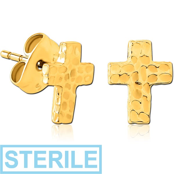 STERILE GOLD PVD COATED SURGICAL STEEL EAR STUDS -CROSS