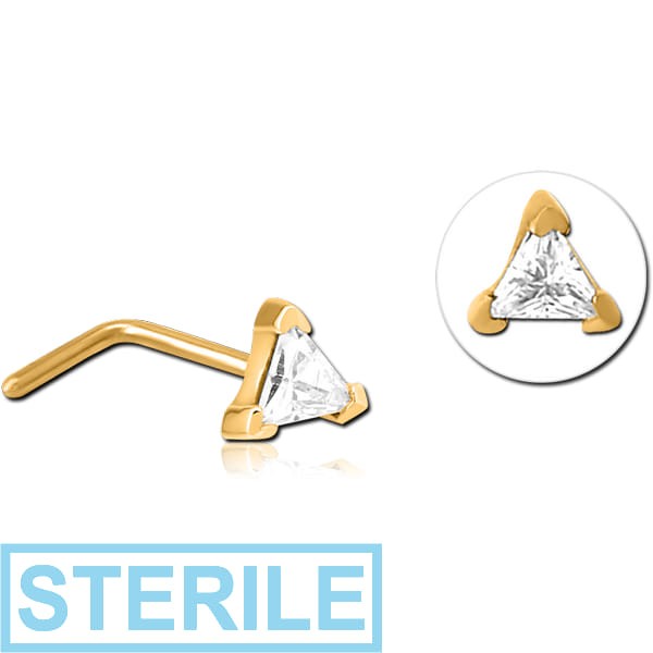 STERILE GOLD PVD COATED SURGICAL STEEL 90 DEGREE JEWELLED NOSE STUD - TRIANGLE
