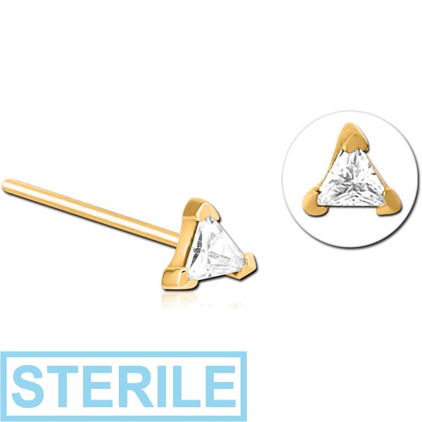 STERILE GOLD PVD COATED SURGICAL STEEL STRAIGHT JEWELLED NOSE STUD - TRIANGLE