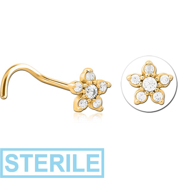 STERILE GOLD PVD COATED SURGICAL STEEL CURVED JEWELLED NOSE STUD - FLOWER