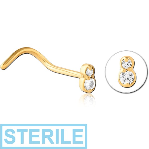 STERILE GOLD PVD COATED SURGICAL STEEL JEWELLED NOSE STUDS
