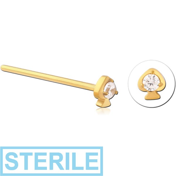 STERILE GOLD PVD COATED SURGICAL STEEL STRAIGHT JEWELLED NOSE STUD