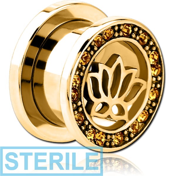 STERILE GOLD PVD COATED STAINLESS STEEL THREADED TUNNEL WITH SURGICAL STEEL JEWELLED TOP