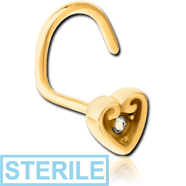 STERILE GOLD PVD COATED SURGICAL STEEL JEWELLED LARGE CURVE NOSE STUD - HEART