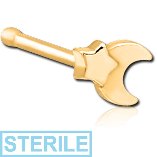 STERILE GOLD PVD COATED SURGICAL STEEL NOSE BONE - CRESCENT AND STAR