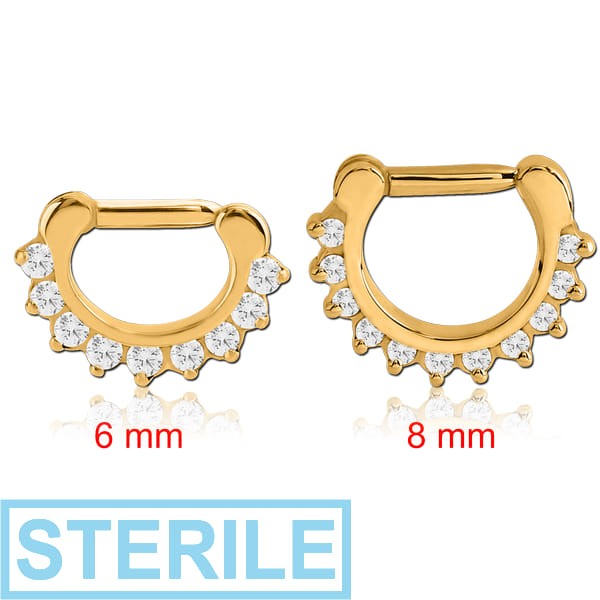 STERILE GOLD PVD COATED SURGICAL STEEL ROUND PRONG SET JEWELLED HINGED SEPTUM CLICKER RING
